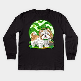 Shih Tzu Leprechaun St Patricks Day Cute Irish Dog Kids Long Sleeve T-Shirt